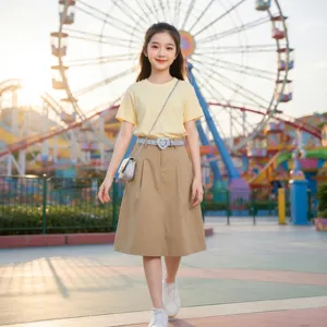 Ensemble d'ete pour filles t-shirt jaune decontracté avec jupe kaki et ceinture coeur brillante