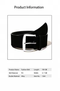Vintage wide PU leather belt for women, fashionable black waist belt with silver buckle.