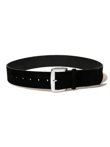 Close-up detail of the black wide belt featuring a sleek silver metal pin buckle.