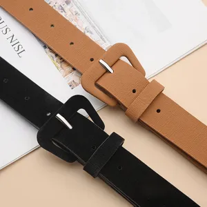 Stylish women's PU leather belt with square buckle, casual everyday fashion accessory.