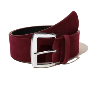 Retro burgundy suede wide belt for women, featuring a shiny silver metal pin buckle.