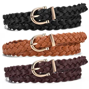 Women braided belt casual woven waist belt with metal pin buckle set of three classic colors
