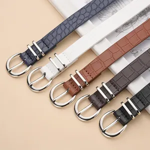 Women's thin crocodile pattern leather belt with silver round pin buckle, multi-color set main view display.