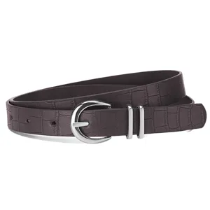 Women fashion crocodile pattern thin belt with silver pin buckle, elegant daily accessory.