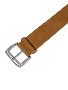 Brown suede wide belt detail showcasing metallic silver buckle and neat stitching craftsmanship.