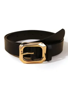 Women's black PU leather belt with stylish gold irregular pin buckle for jeans shirts.