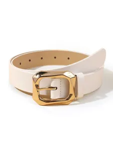 White PU leather women belt with trendy gold geometric pin buckle for daily stylish wear.