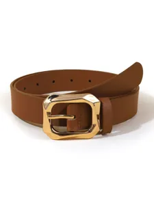 Brown PU leather belt detail view showcasing the stylish shiny gold geometric pin buckle.