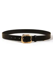Detailed view of women's black PU leather belt featuring a sleek shiny gold geometric buckle.