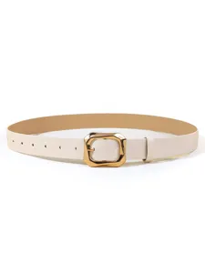 Minimalist beige PU leather belt featuring a sleek gold geometric buckle for daily chic styling.