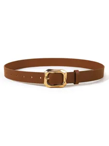 Brown PU leather belt for women with stylish gold geometric pin buckle for daily wear.