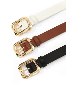 Women PU leather belt with golden irregular square buckle casual stylish waist belt for jeans
