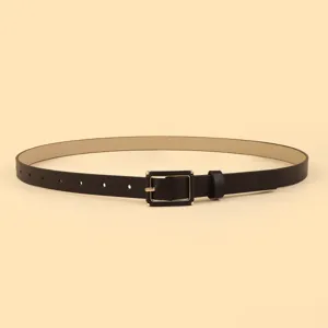 Ceinture fine noire en cuir PU avec boucle dorée rectangulaire, style chic pour jean.
