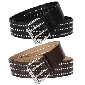 Punk style women rivet belt with star cutouts and double prong buckle black brown set