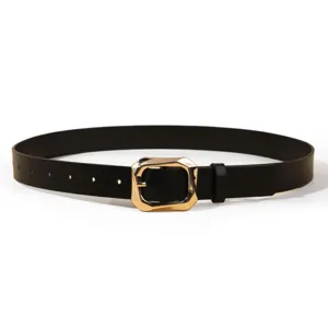 Classic black PU leather belt with geometric gold buckle for women, versatile and stylish.