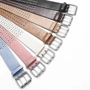 Women multi-row star studded PU leather belt with double prong buckle casual daily waist belt