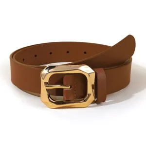 Stylish brown PU leather belt for women with chic gold irregular square pin buckle.