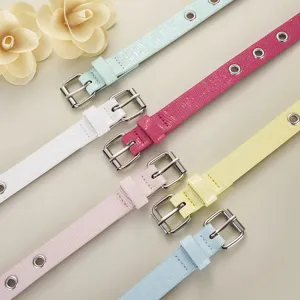 Candy color thin leather belt set for women, stylish metal buckle dress waist accessory.