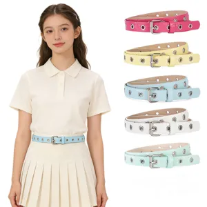 Women candy color thin belt with metal grommets and buckle, stylish dress accessory main view.
