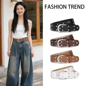 Women Wide PU Leather Belt Punk Rivet Double Grommet Casual Fashion Jeans Waist Belt Decorative Waistband Accessories