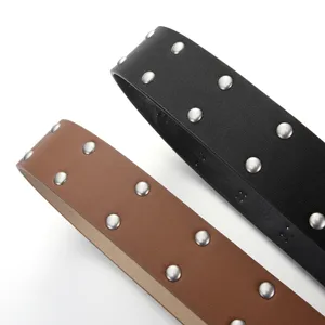 Wide rivet punk leather belt for women, stylish double row stud waist belt for jeans.