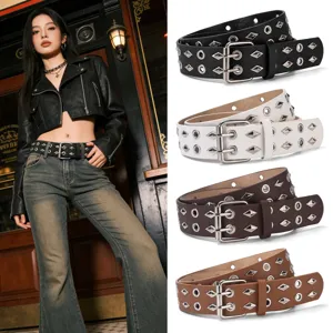 Women's Punk Wide Belt PU Leather Double Row Eyelet Rivet Belt Fashion Casual Jeans Decorative Waist Belt