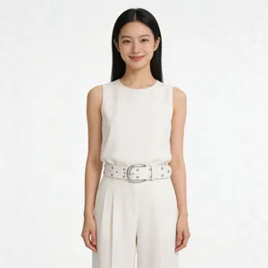 Women's wide white leather belt featuring punk rivet studs and silver metal buckle for fashion.