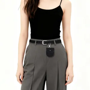 Mini coin purse belt for women, stylish leather small pouch with keychain and metal buckle.
