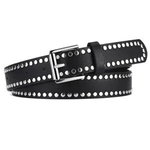 Punk style black leather belt featuring silver metal round studs and pin buckle for daily wear.