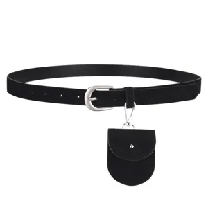 Black leather belt with a detachable mini coin purse pouch and silver buckle main view.