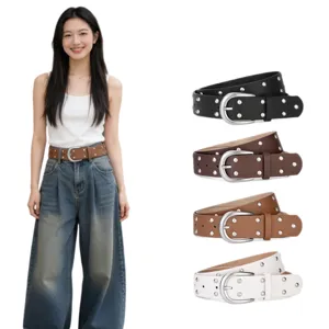 Stylish women wide studded leather belt punk style double eyelet waist belt for jeans.