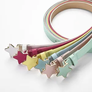 Candy color kids women thin leather belt with cute star metal buckle stylish candy belt