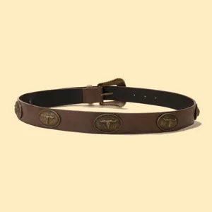 Ceinture en cuir marron style rétro avec détails en métal bronze antique tête de taureau.