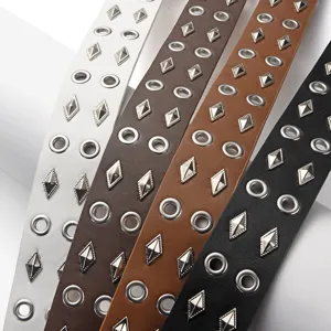 Punk style wide leather belt featuring double row eyelets and diamond studs for women jeans.