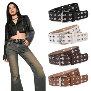 Punk wide leather belt with double grommets and metal rivets, stylish retro jeans accessory.