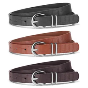 Women's slim faux leather belt featuring metal pin buckle, detailed crocodile pattern view.
