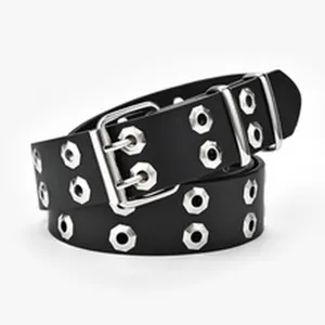 Black double grommet belt detail view, punk style leather waist strap with metal hardware.
