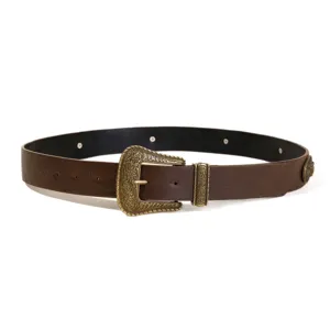 Ceinture pour femme marron vintage avec boucle sculptée, idéale pour jeans et loisirs.