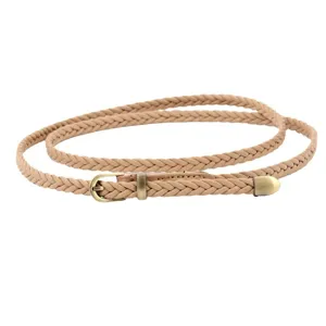 Women's slim braided leather belt with vintage metal pin buckle, casual versatile waist accessory.