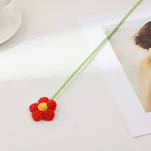 Vue de détail de fleur en laine crochetée à la main, fleur rouge avec longue tige pour déco.