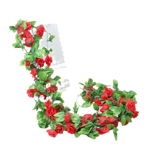 Artificial red rose vine garland for home decor, wedding party, ceiling and wall decoration.