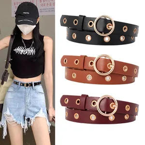 Ceinture en Cuir PU Décontractée pour Femmes Couleur Unie Boucle Ardillon Ronde en Métal Rétro Mode Jean Pantalon