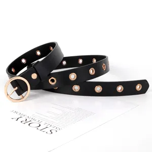 Ceinture femme en cuir noir mode boucle ronde métal œillets taille élégante casual