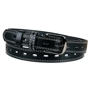 Cinturón de cuero PU negro perforado para mujer con hebilla y costuras elegantes.