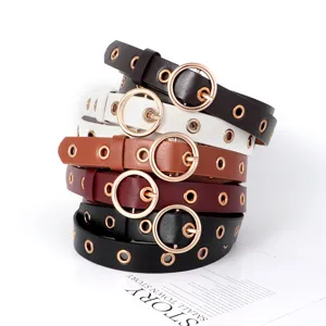 Ensemble de ceinture en cuir pour femme avec boucle ronde en métal et œillets, accessoire.