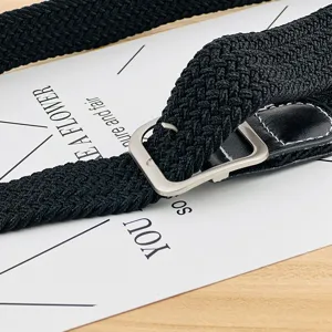 Cinturón elástico trenzado negro con hebilla cuadrada de metal plateado para hombres y mujeres
