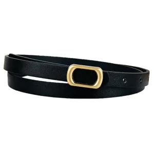 Ceinture fine en cuir noir pour femme avec boucle dorée, style rétro simple pour jeans et pantalon.