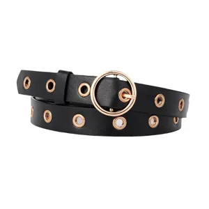 Ceinture noire pour femme en cuir avec rivets metalliques et une belle boucle ronde.