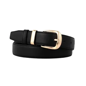 Cinturón de cuero negro clásico para mujer con elegante hebilla de hebijón dorada para jeans.