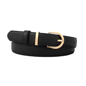 Cinturón clásico de cuero negro para mujer con hebilla dorada vintage de herradura para jeans